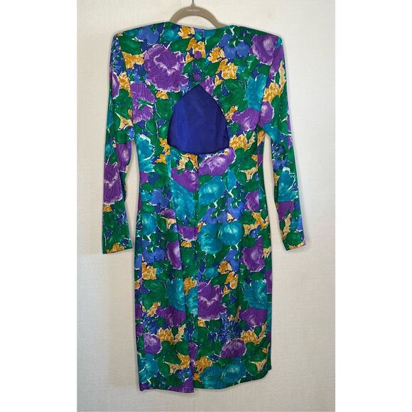 Vintage Gillian Womens 100% Silk Green Purple Floral Dress Size 6 Open Back 70s - Picture 9 of 11